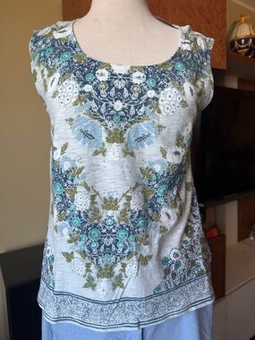 Lucky Brand Floral Medallion Scoop Neck Tank in Blue, Green and White